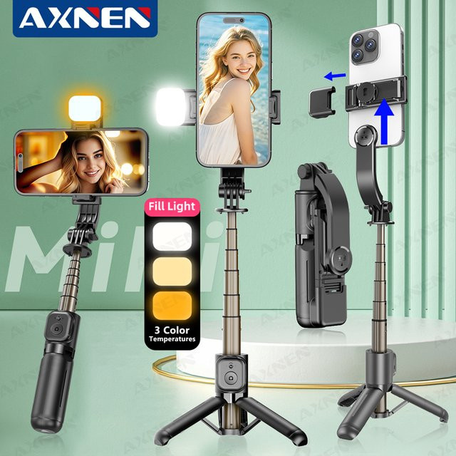 Axnen Bluetooth Selfie-Stick Stativ mit Fernbedienung und abnehmbarem LED-Licht in Schwarz für iPhone und Android-Smartphones - Bild 1