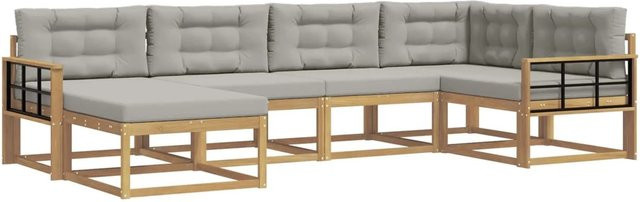 vidaXL Outdoor-Sofagarnitur 5-teilig in L-Form mit Ottoman, Weiß und Grau, aus Akazienholz und UV-beständigem Polyester - Bild 1