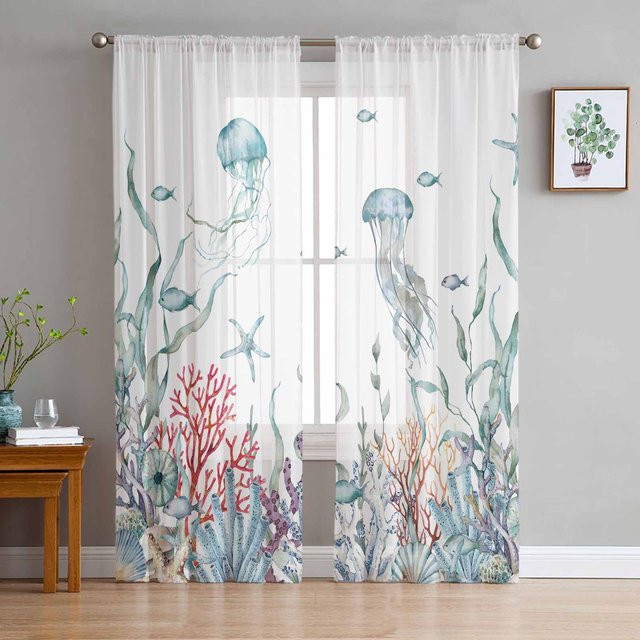 Super Six Fenstervorhang Marine Korallen im Sommer aus Chiffon, Transparent, Mehrfarbig, B: 135 cm, H: 137 cm - Bild 1