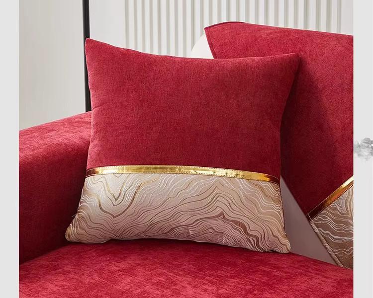 Noblelightrain Rutschfester Sofabezug aus rotem Chenille mit Goldrand für L-förmige Sofas - Bild 2