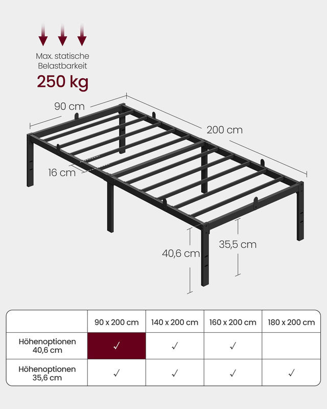 VASAGLE Einzelbettgestell in Schwarz mit Unterbettaufbewahrung, B/T/H: 90 x 200 cm - Bild 5