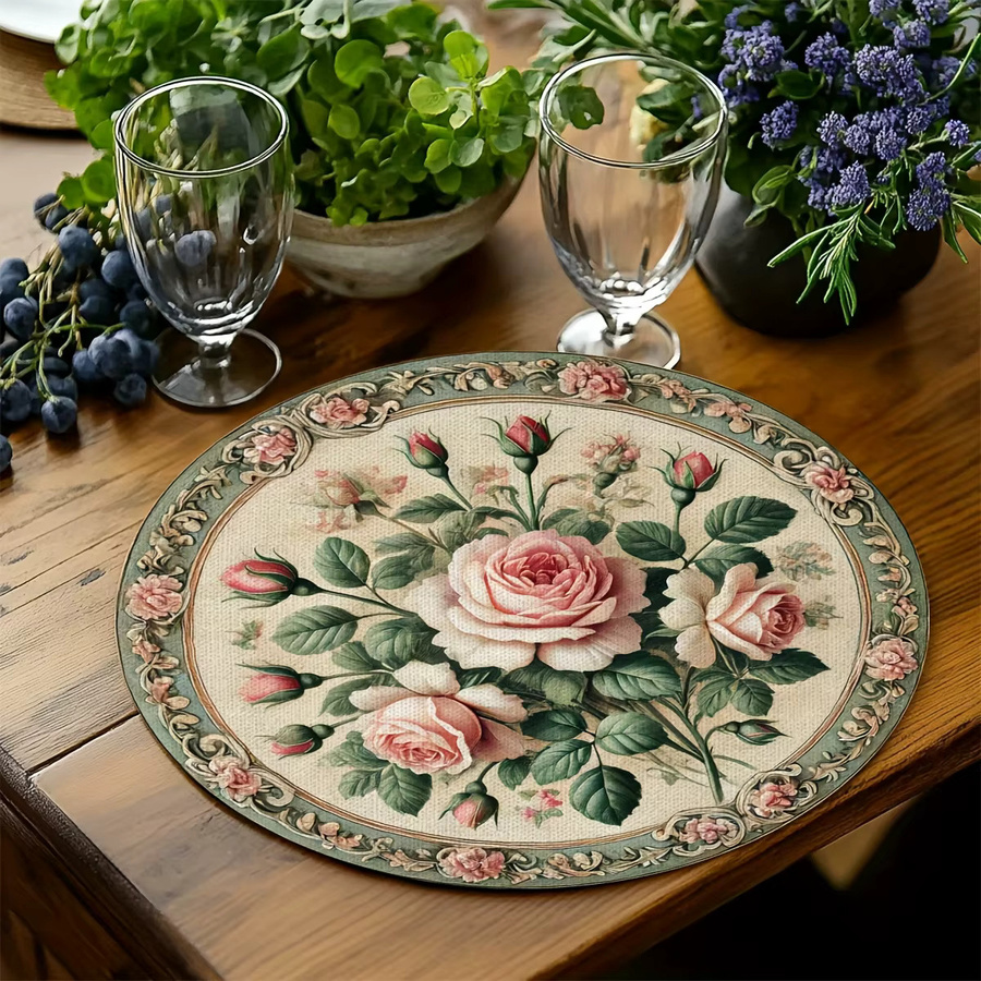 VIKAMA 4er Set runde Tischsets mit Vintage-Blumenmuster in Rosa und Grün, maschinenwaschbar - Bild 3