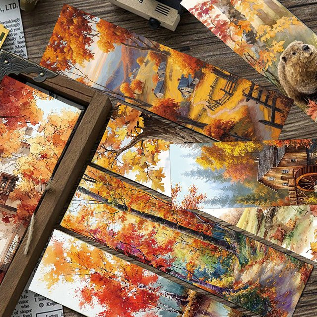 30 Stück Retro Herbst Lesezeichen Set aus Papier mit Berg Dorf Fluss und goldenem Ahornblatt in Gold und Multicolour - Bild 1