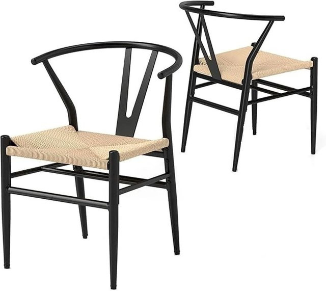 Costway 2er Set Esszimmerstühle mit Y-förmiger Rückenlehne in Beige aus Stoff und Metall - Bild 1