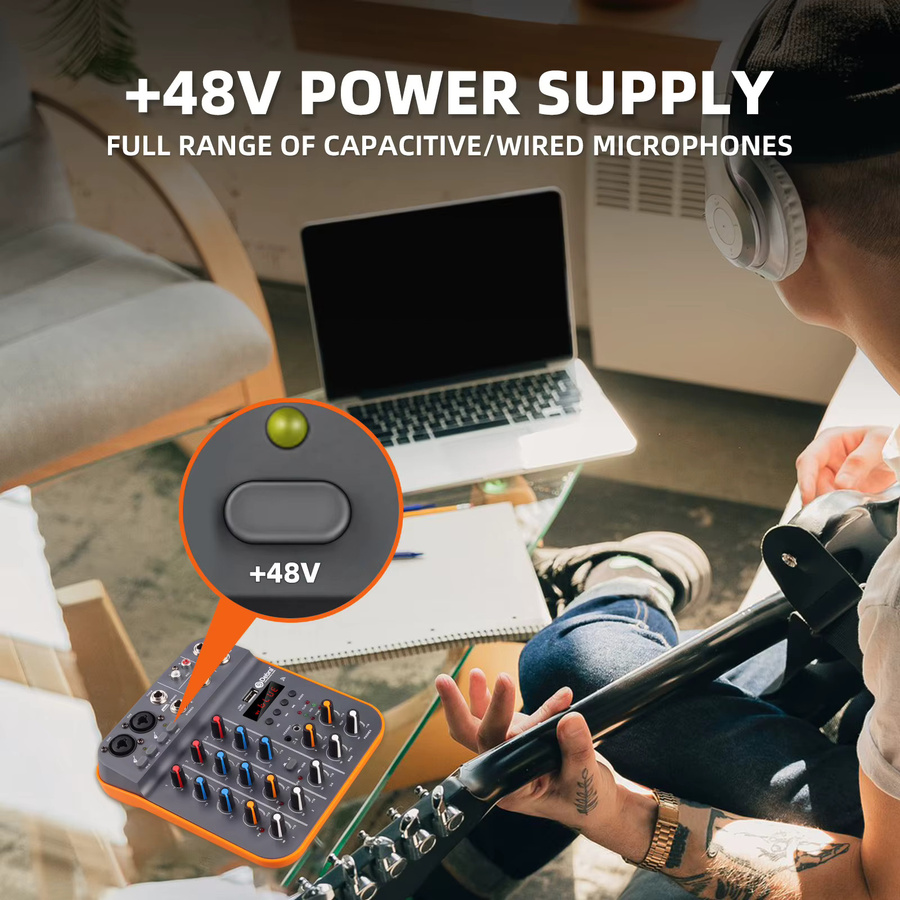 IKGE D4M Mini 4-Kanal-Audiomischer DJ-Konsole mit Reverb, Bluetooth 5.0 und USB-Soundkarte für PC-Aufnahmen und Karaoke - Bild 2