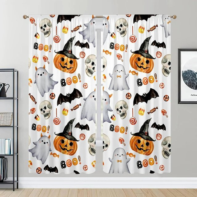 Yiran Furniture Halloween Vorhänge mit Retro Skelett Muster, hochverdunkelnd, Mehrfarbig, B: 55 cm, H: 120 cm, 2er-Set - Bild 1
