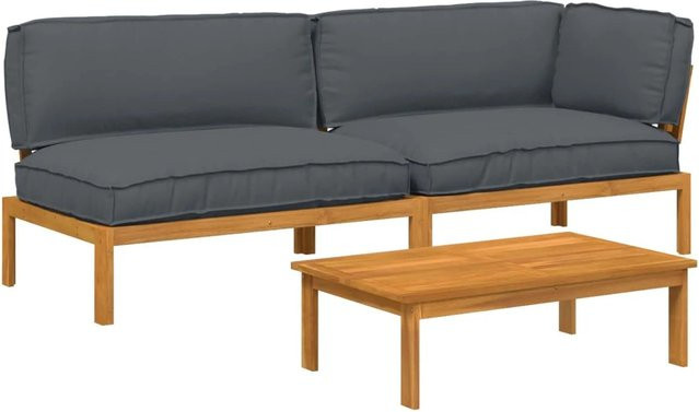 vidaXL Sofa Set L-Form aus Massivholz Akazie in Anthrazit, 3-teilig mit Kissen und wetterfesten Outdoor-Stoffen - Bild 1