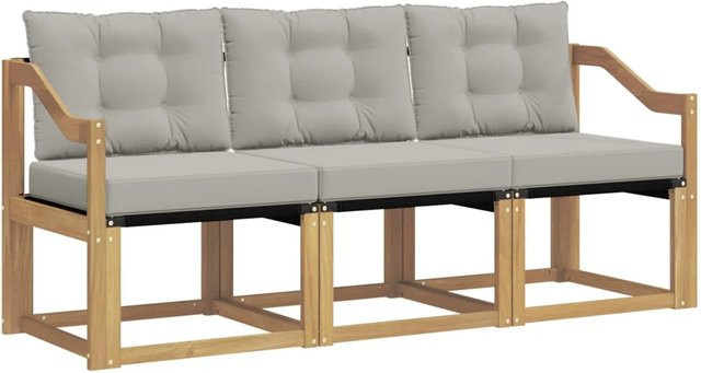 vidaXL Outdoor-Sofagarnitur 3-teilig aus Akazienholz mit Textilene und Kissen in Weiß und Hellgrau - Bild 1
