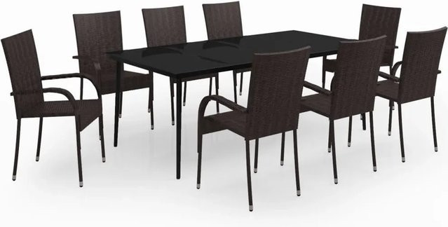 vidaXL 9-teilige Garten-Essgruppe aus PE-Rattan, Glas und pulverbeschichtetem Stahl in Braun und Schwarz - Bild 1
