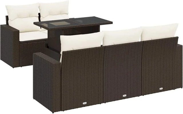 vidaXL 6-teilige Garten-Sofagarnitur aus braunem PE-Rattan mit Kissen und Tisch, Set mit Stauraum und pulverbeschichtetem Stahlrahmen - Bild 1