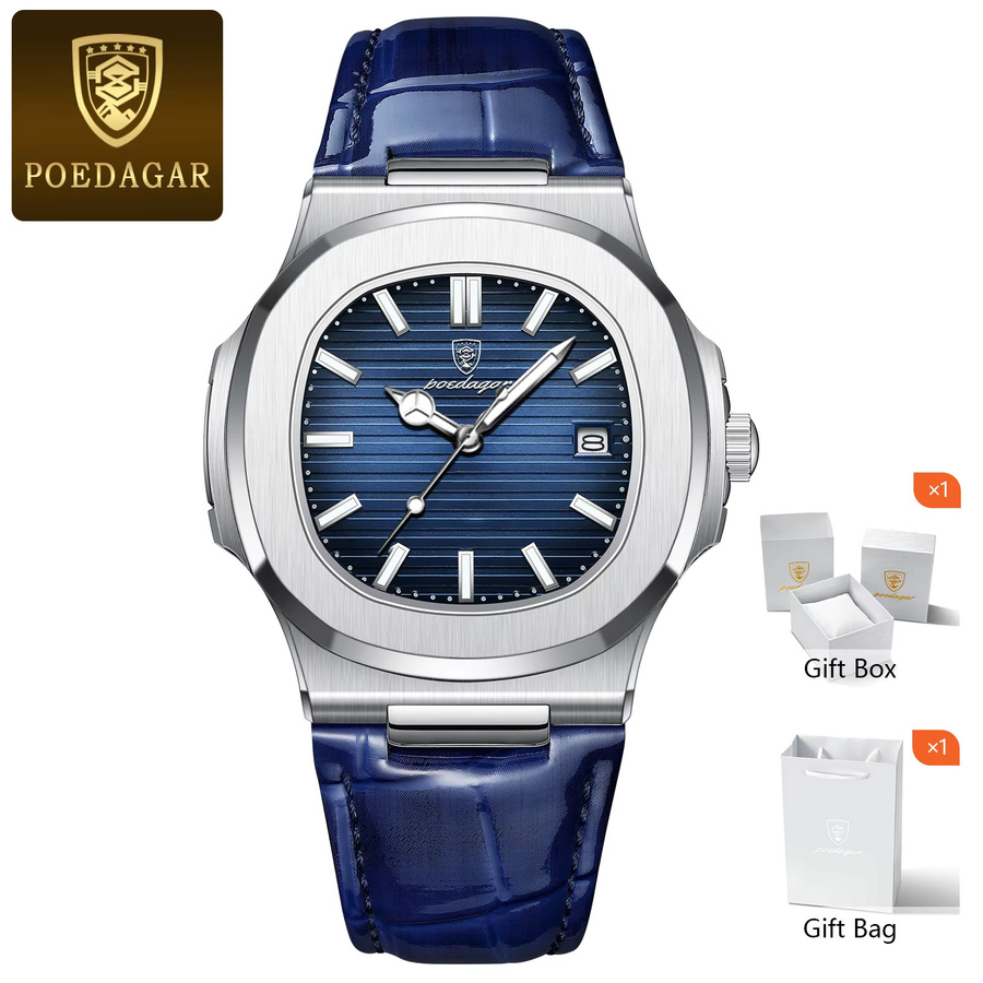 POEDAGAR Armbanduhr Quarz, Edelstahl, Leder, Blau, Herren - Bild 7