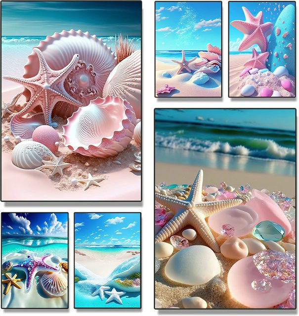 Potdemiel Wandkunst Poster mit rosa Perlen, Muscheln und Seesternen im maritimen Sommer-Design - Bild 1
