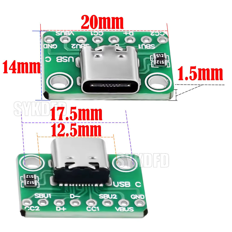 SYKDFD USB 3.1 Typ C Adapter Board mit 16 Pins und 5,1 kOhm Dual Widerstand in Grün - Bild 2