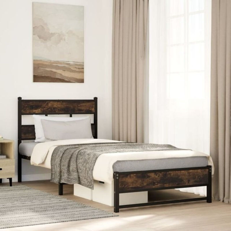 Metallbett Vidaxl im Industrial Design aus Metall und Holzwerkstoff in Räuchereiche Braun, B/T/H: 200 x 80 x 91,5 cm - Bild 1