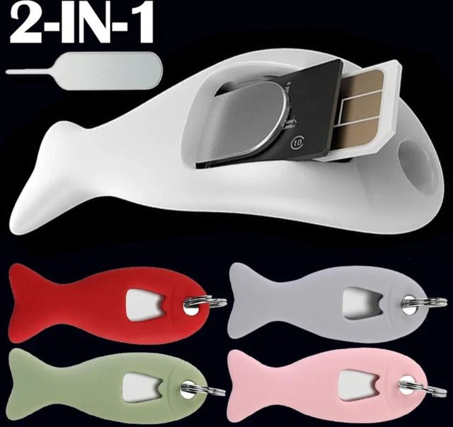 Universal SIM-Karten-Entferner in Fischform mit Schlüsselring und Ablage für iPhone und Samsung, Farbe: Grün - Bild 1