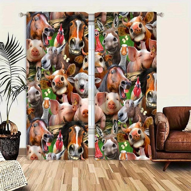 2er-Set Yiran Furniture Vorhänge mit Vintage Tierdruck in Multicolour, semi-transparent, B: 100 cm, H: 130 cm - Bild 1
