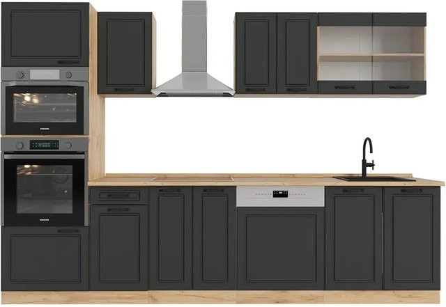 Vicco R-Line Küchenzeile Landhausstil in Anthrazit und Eiche mit Hochschrank, Breite: 300 cm - Bild 1