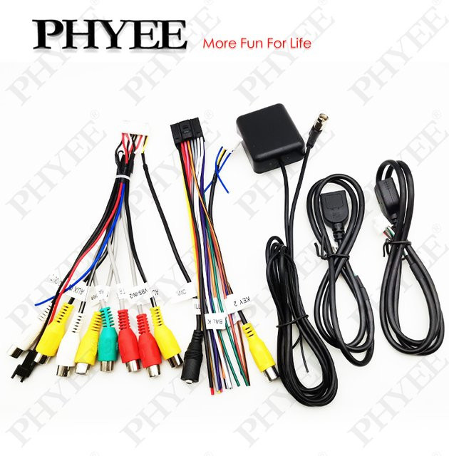 PHYEE Kabelbaum-Set für 16-polige Android-Autoradios mit USB-Adapter, GPS-Antenne, WLAN-Kabel sowie Video-Audio-Aux-RCA und Mikrofon-Lüfter-Anschluss in Multicolour - Bild 1