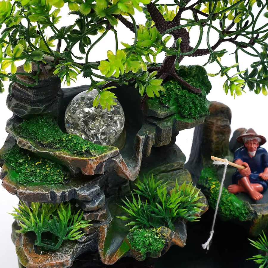 Bymaocar Desktop-Tischbrunnen mit LED-Beleuchtung, Fischer- und Bergmotiv in Grün und Multicolour, leise 2,5W Pumpe - Bild 3