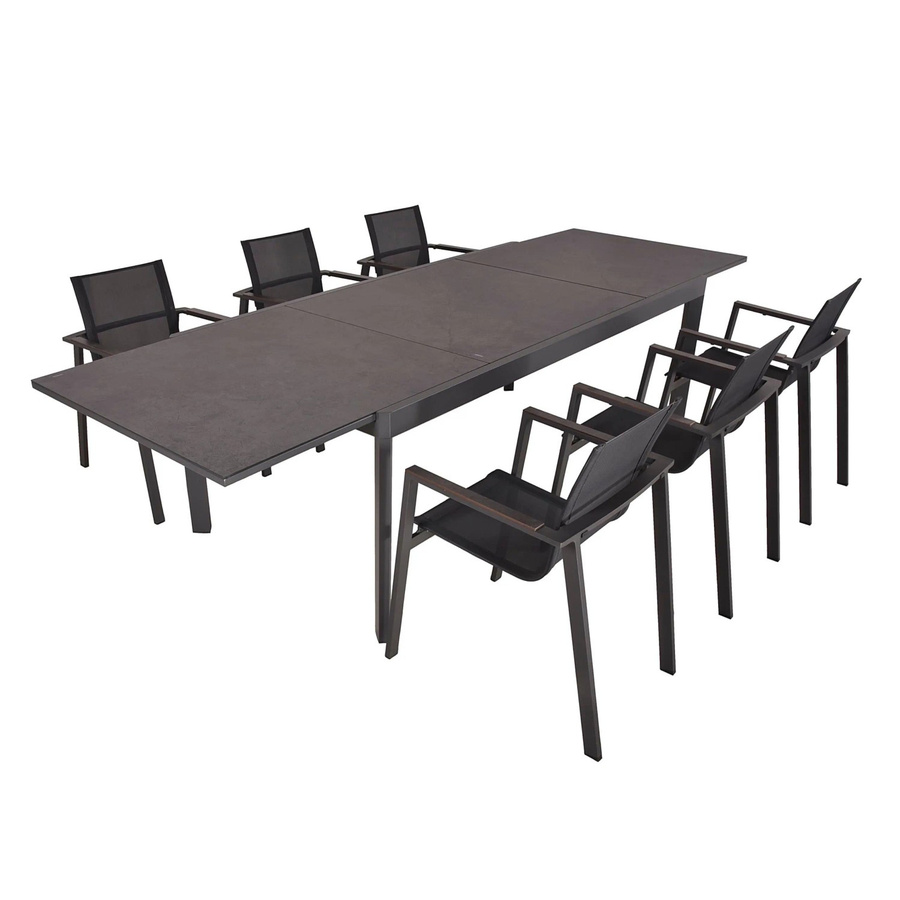 DELUKE Garten-Sitzgruppe EIKE 7-tlg. Gartenmöbel-Set aus Kunststoff und Aluminium in Grau mit ausziehbarem Glastisch und Stapelstühlen - Bild 2