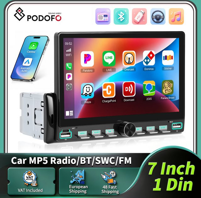 Podofo 1Din 7 Zoll Autoradio mit kabellosem Carplay und Android Auto, HD-Touchscreen Multimedia-Player mit Bluetooth und USB, Schwarz - Bild 1