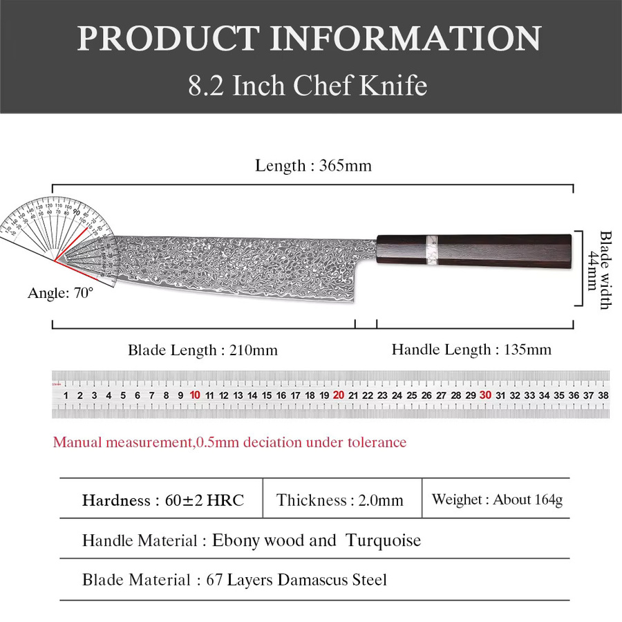 MOSTODOZO Japanisches Kochmesser aus 67-lagigem Damaszener Stahl mit Holzgriff, 20,8 cm Chefmesser für Fleisch und Gemüse - Bild 4