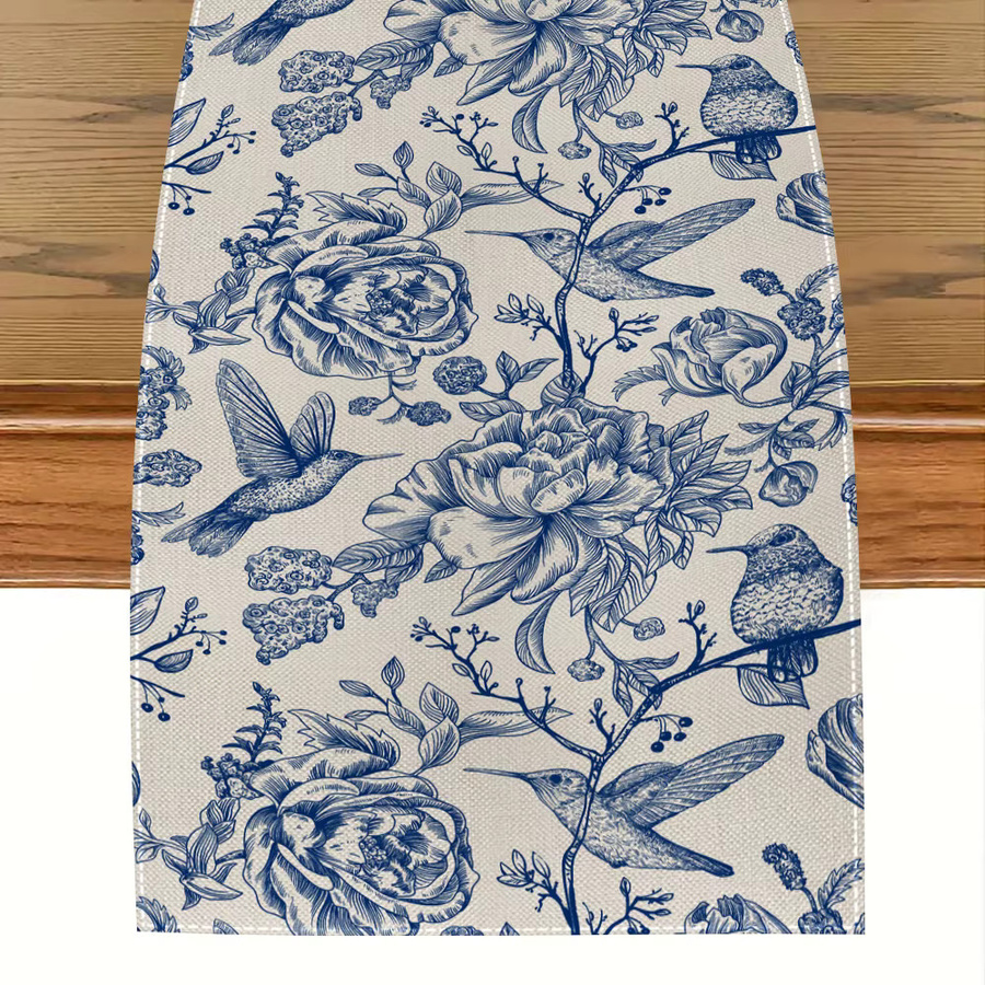 ZZN Tischläufer aus Leinen mit Vogel- und Blumenmuster in Blau/Mehrfarbig, B/H: 183 x 33 cm - Bild 2