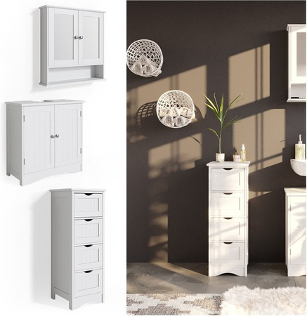 Vicco 3er Badmöbel Set Bianco in Weiß im Landhausstil bestehend aus Spiegelschrank Waschtischunterschrank und Badschrank