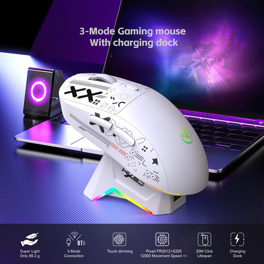 HXSJ Kabellose RGB-Gaming-Maus mit Tri-Mode-Verbindung und Magnetladebasis in Schwarz oder Weiß - Bild 1