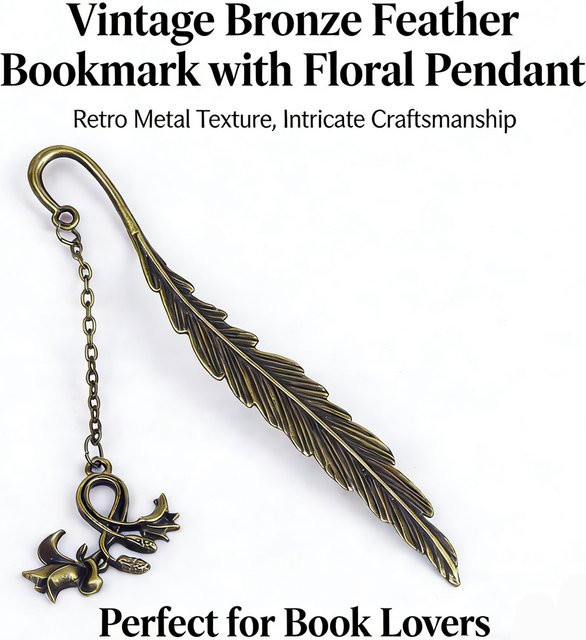 Vintage Metall-Lesezeichen in Bronze mit Feder und Blumenanhänger für Bücher und Tagebücher - Bild 1
