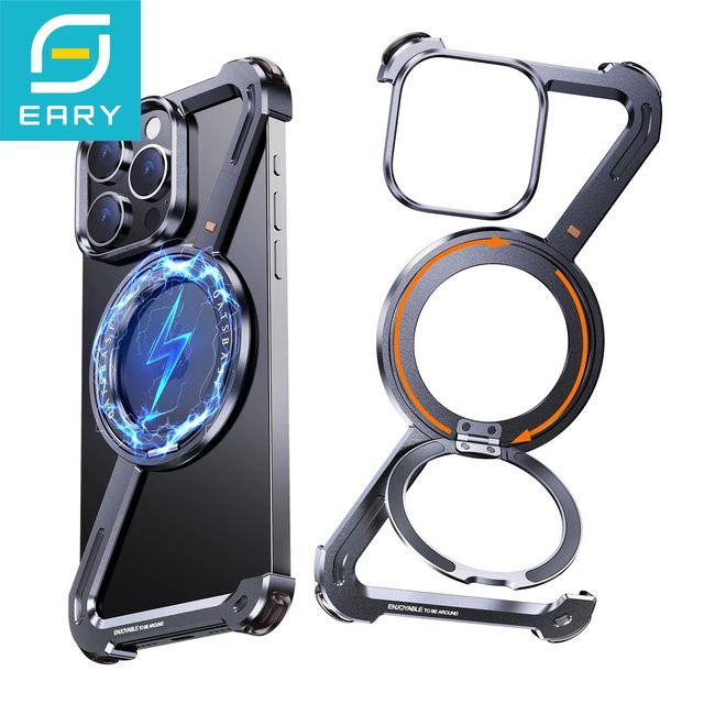 Eary Z Handyhülle für iPhone 16 15 14 13 12 Pro Max mit 360 Grad drehbarem magnetischem Ständer und MagSafe Unterstützung, Metallrahmenlose Stoßfänger-Schutzhülle in Schwarz oder Blau - Bild 1