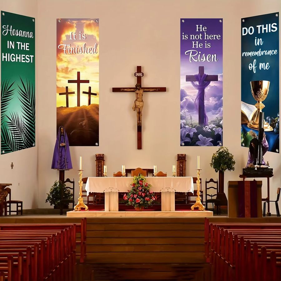 VIKAMA 4-teiliges Oster-Kirchen-Banner-Set, mehrfarbig, hängender Wand-Hintergrund für das Heiligtum - Bild 3