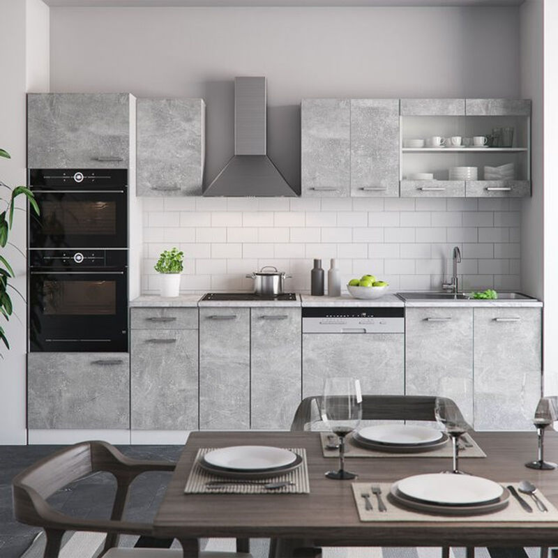 Vicco R-Line Küchenzeile Beton in Grau und Weiß mit Marmor Arbeitsplatte, Breite: 300 cm, Höhe: 207 cm, Tiefe: 60 cm - Bild 2
