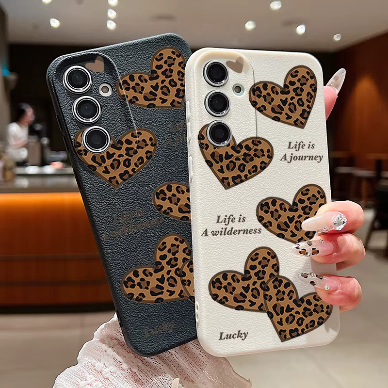 Handyhülle mit Leopardenmuster und Herzen für Samsung Galaxy S25 S24 S23 S22 Ultra S21 FE in Ledertextur und TPU, Mehrfarbig/Pink - Bild 2