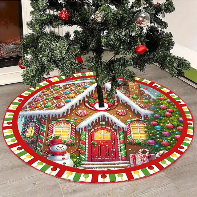 VIKAMA Weihnachtsbaum Rock Kissen mit Cartoon Lebkuchenhaus und Schneemann Motiv, Mehrfarbig, Rund - Bild 1