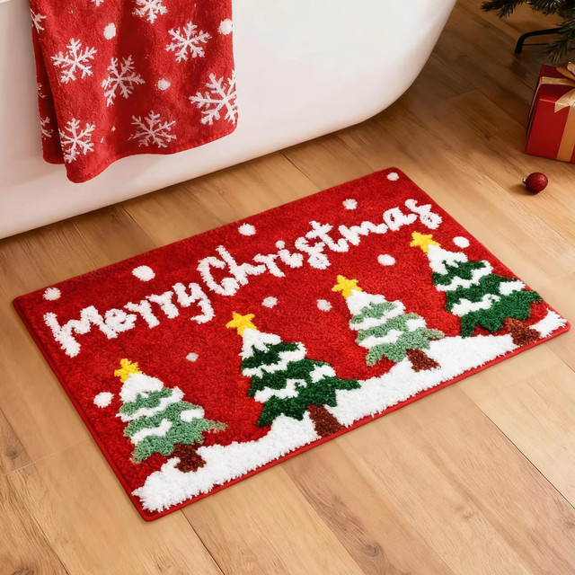 VIKAMA Weihnachtsbaum Badezimmerteppich mit Schneeflocken-Design, rot, rutschfest und waschbar, B/T: 60 x 40 cm - Bild 1
