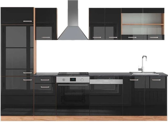 Vicco R-Line Küchenzeile modern in Schwarz Hochglanz und Goldkraft Eiche mit Anthrazit, B/T/H: 300 x 60 x 207 cm - Bild 1