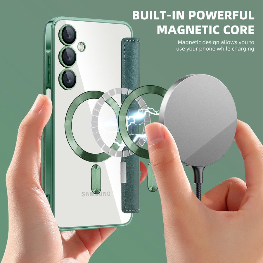 Magnetische Lederhülle für Samsung Galaxy A56 A55 A36 A35 A26 A15 A16 A05 A06 mit transparenter Kartenabdeckung und kabellosem Laden in Grün - Bild 3