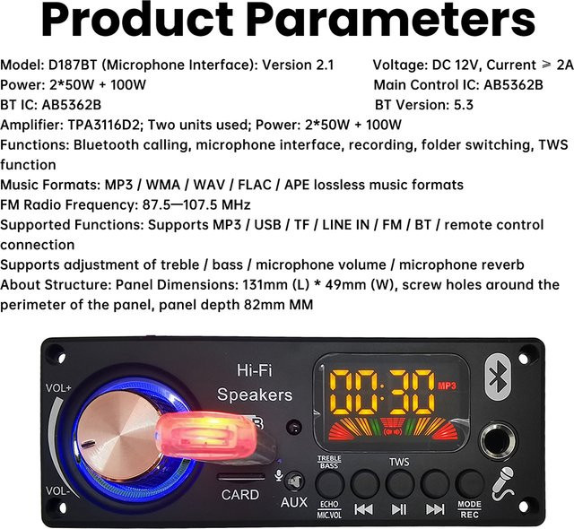 DC 12V MP3 Bluetooth Decodierplatine D187BT mit TPA3116D2 Verstärker, BT 5.3 für Auto-Audio, 2x50W + 100W - Bild 1
