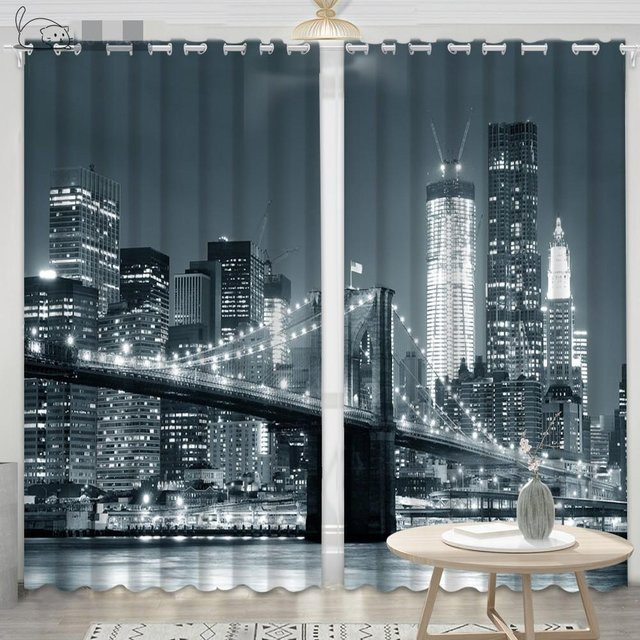 2er-Set New York City Nachtvorhang mit Freiheitsstatue, halbtransparentes Grafik-Design, Mehrfarbig, B/H: 85 x 200 cm - Bild 1