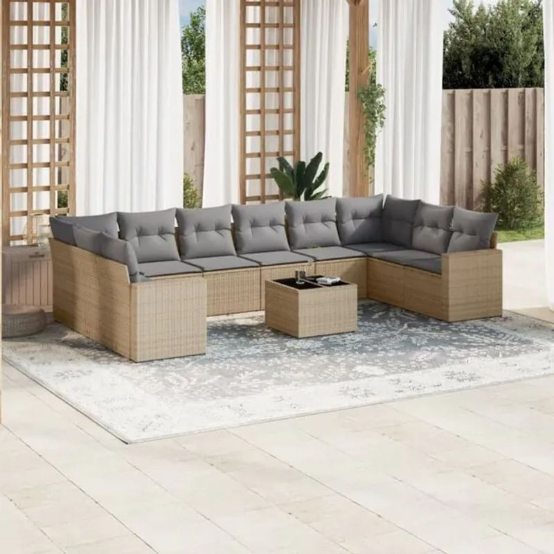 Vidaxl 11-tlg. Garten-Sofagarnitur aus Polyrattan mit Kissen in Beige und Grau - Bild 1