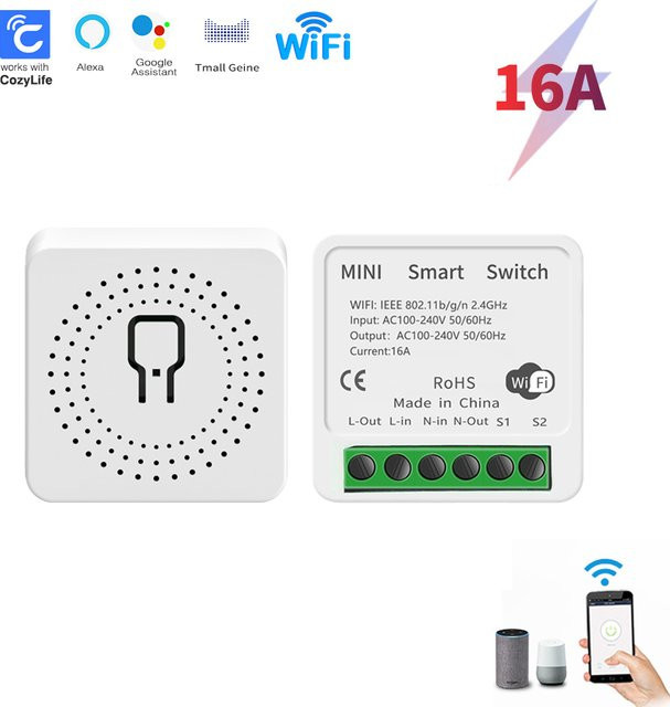 SIXWGH Mini WiFi Smart Switch Cozylife App Fernbedienung Timer 2-Wege-Relais in Weiß, kompatibel mit Google Home und Alexa - Bild 1