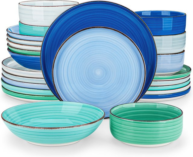 Vancasso Geschirrset mit Spiralmuster, handbemalt, farbig, bestehend aus Speisetellern, Desserttellern, Schalen und Suppentellern - Bild 1
