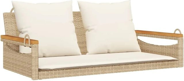 furnicato Hängebank aus PE-Rattan und Akazienholz mit Kissen Beige B/T/H: 109 x 62 x 40 cm - Bild 1