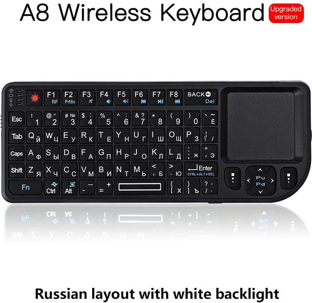 Kebidumei A8 Mini Drahtlose Tastatur mit Touchpad und Hintergrundbeleuchtung, 2.4G RF, USB-Empfänger, Schwarz - Bild 1