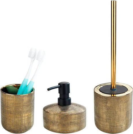 WENKO Bad-Accessoire-Set Rivara aus Keramik in Gold mit WC-Bürste, Seifenspender und Zahnbürgerbecher - Bild 1