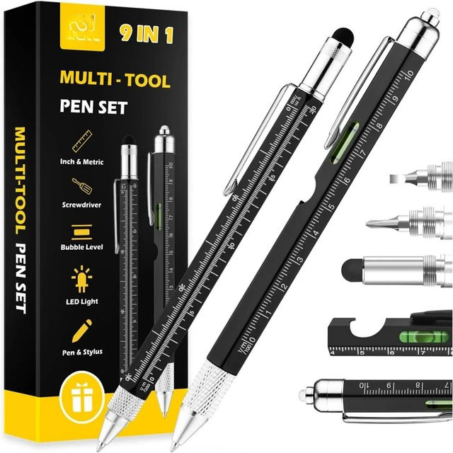 Cloth Crown Multifunktionsstift in Schwarz mit 6 Minen, Lineal, Wasserwaage, Kreuzschlitzschraubendreher und LED - Bild 1