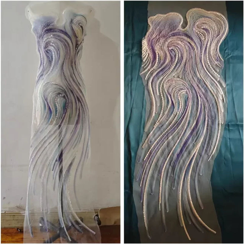 Handgefertigte Wanddekoration in Meereswellen-Form mit Spitzenbesatz, Perlen und Pailletten-Stickerei, Weiß, B: 128 cm, H: 45 cm - Bild 1