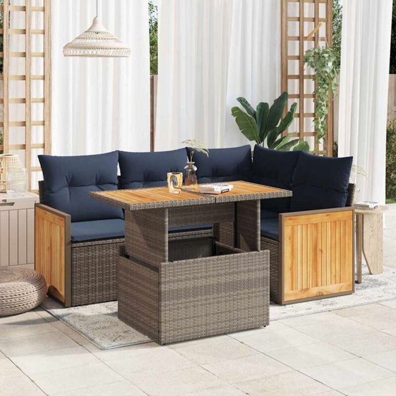 5-tlg. Garten-Sofagarnitur aus Poly-Rattan und Akazie mit Kissen in Grau von vidaxl - Bild 1