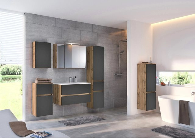 Held Möbel Waschtisch-Set Bari 2-tlg. in matt Grau-Wotaneiche mit Mineralgussbecken und Spiegelschrank, Breite: 60 cm - Bild 1